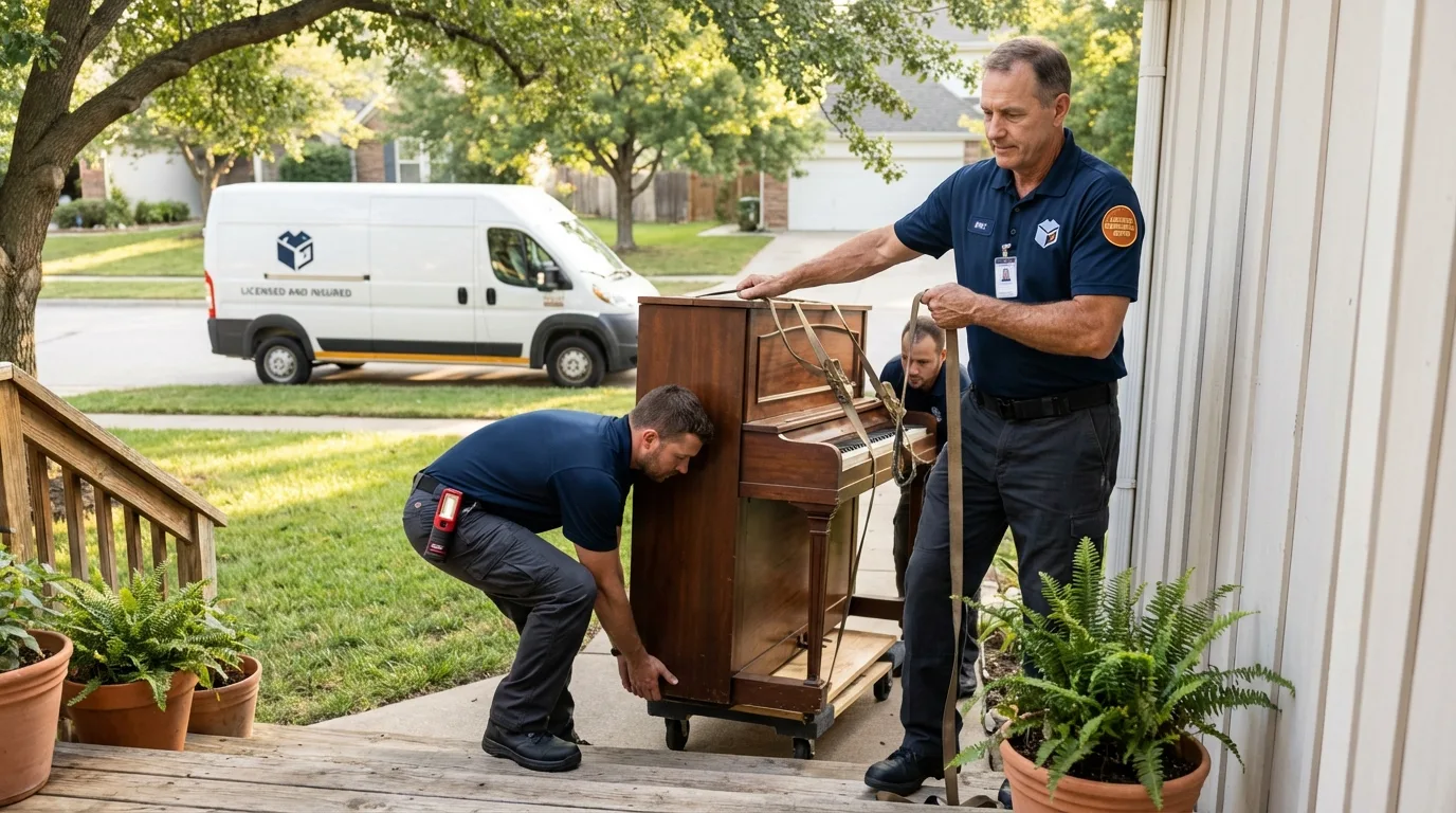 Licensed piano movers securing grand piano in La Grande, OR