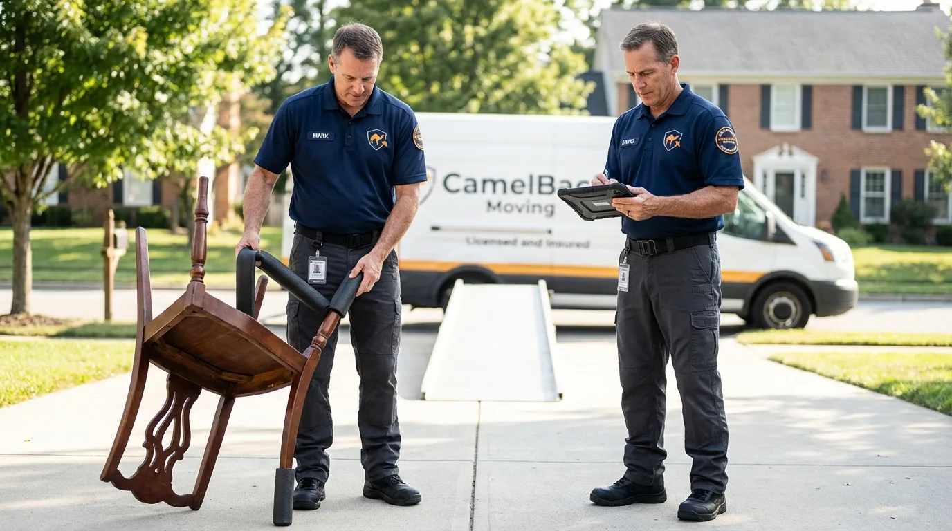 Movers inspecting furniture for damage prevention before loading in La Grande, OR