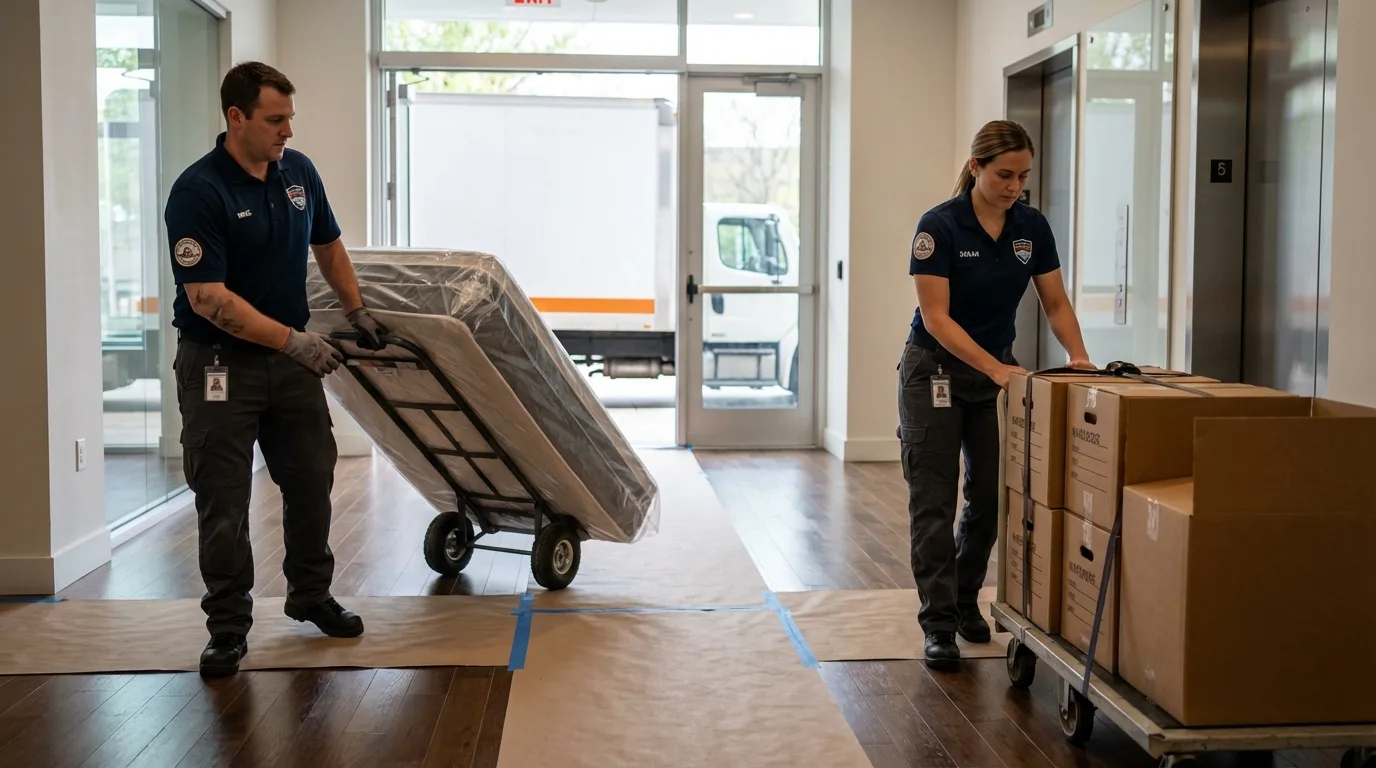 Professional apartment movers loading elevator in La Grande, OR